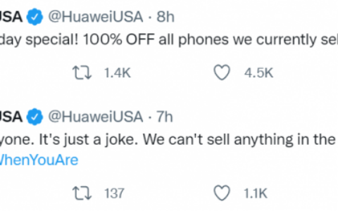 華為在Twitter調侃黑色星期五：所有在美銷售的手機均享受100%折扣