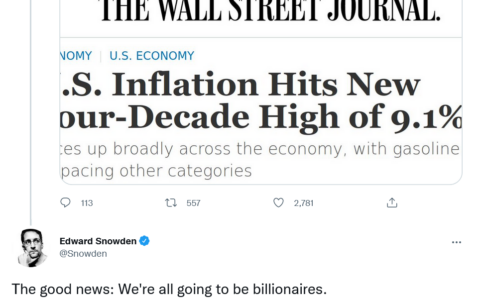 斯諾登諷刺美國通脹爆表：好消息，我們都將成為億萬富翁
